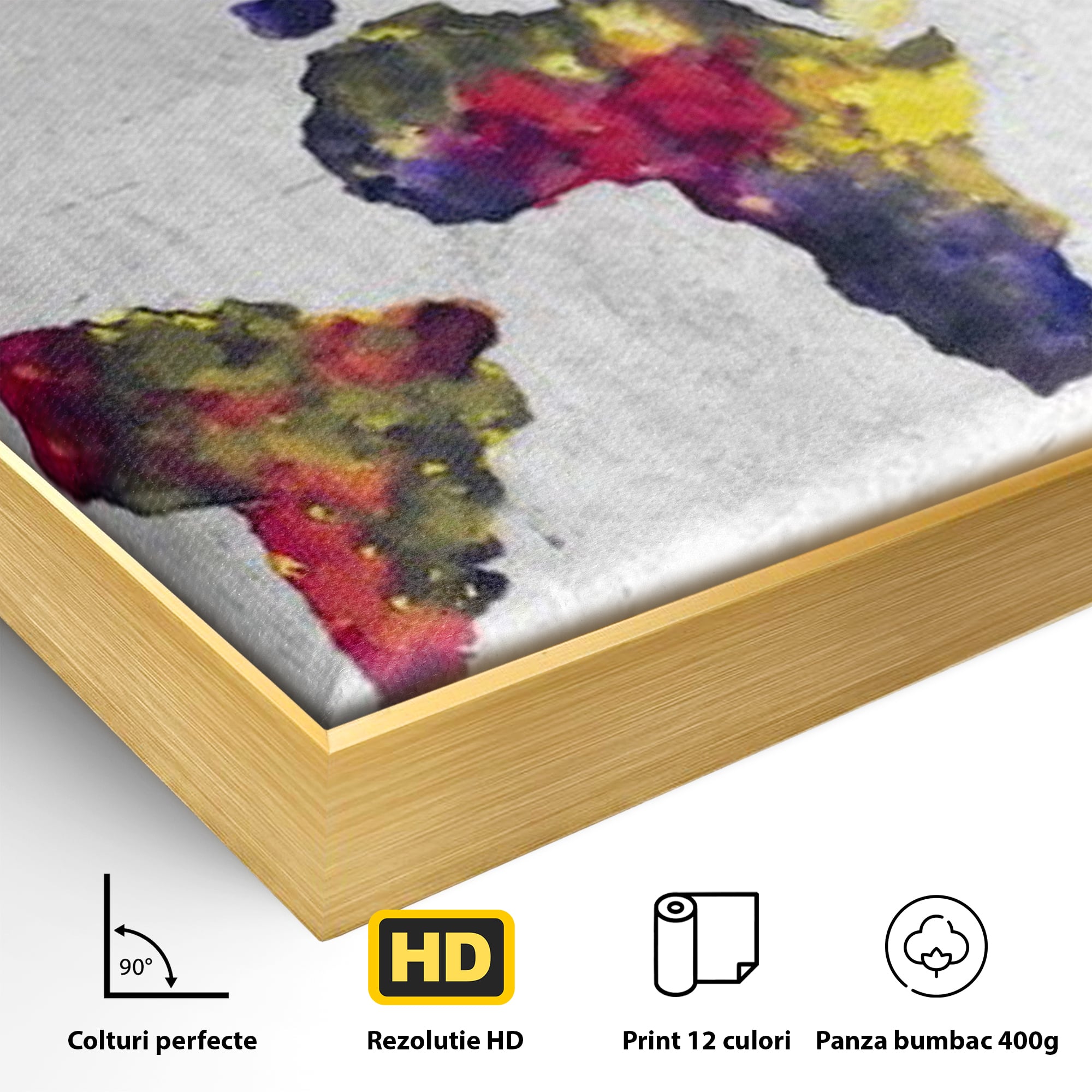 Detaliu al suprafetei: tablou canvas cu harta lumii in acuarela, in rama de aluminiu auriu
